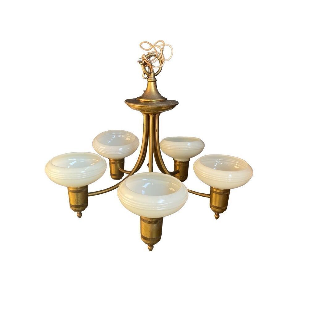 Five Light Art Deco Chandelier with Custard Glass Shades